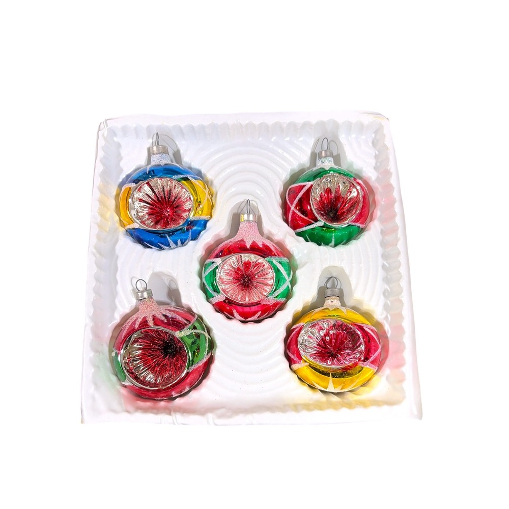 Vintage Pyramid Handcrafted Glass Indent Bauble Recessed Star Ornaments Set of 5